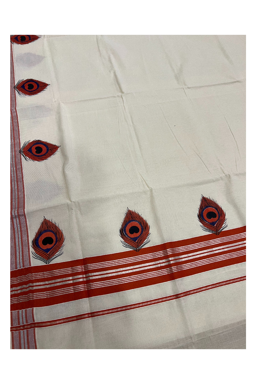 Kerala Cotton Silver Kasavu Saree with Dark Orange Feather Printed Design