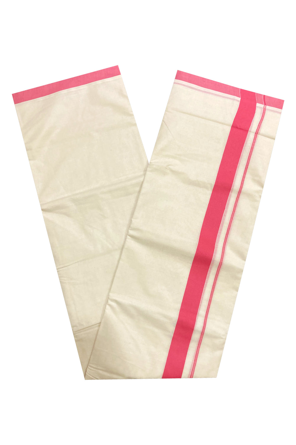 Off White Pure Cotton Double Mundu with Pink Border (South Indian Kerala Dhoti)