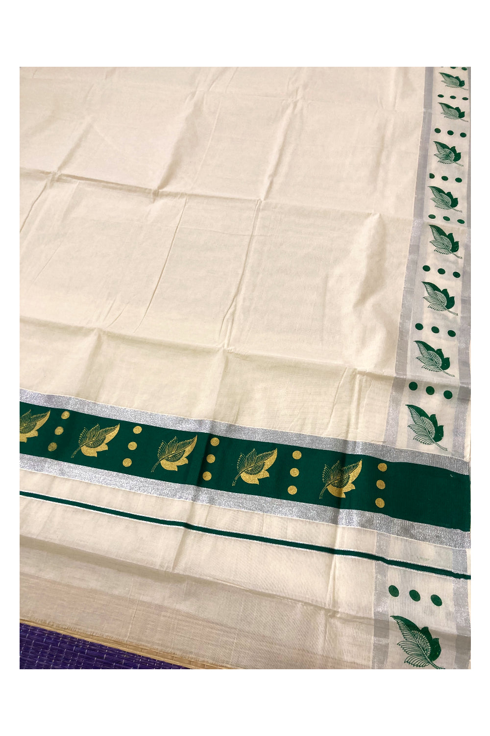 Pure Cotton Kerala Saree with Golden Leaf Block Prints on Silver Kasavu and Green Pallu