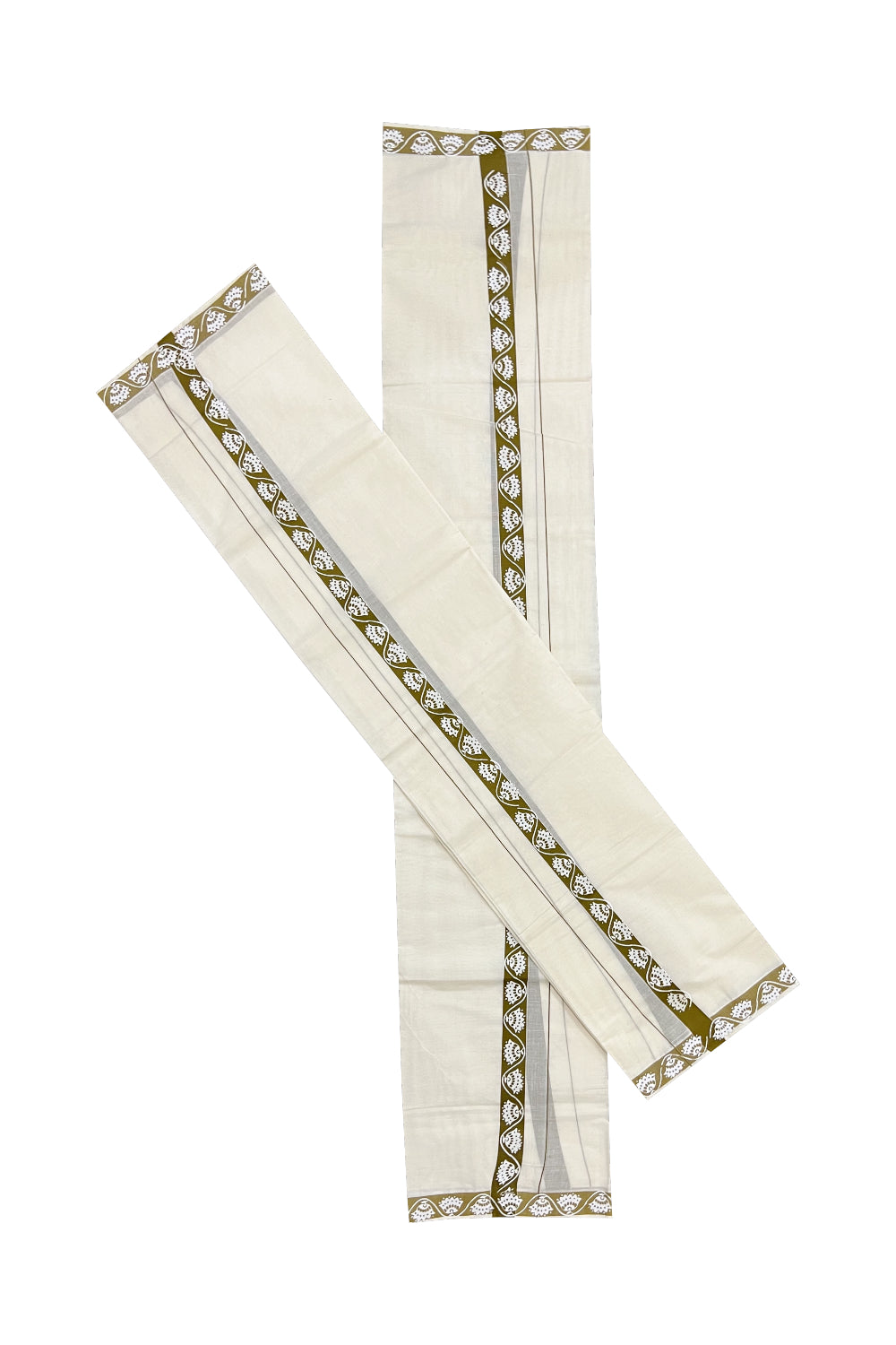 Pure Cotton Set Mundu (Mundum Neriyathum) with White Floral Block Prints on 1 inch Olive Green Border