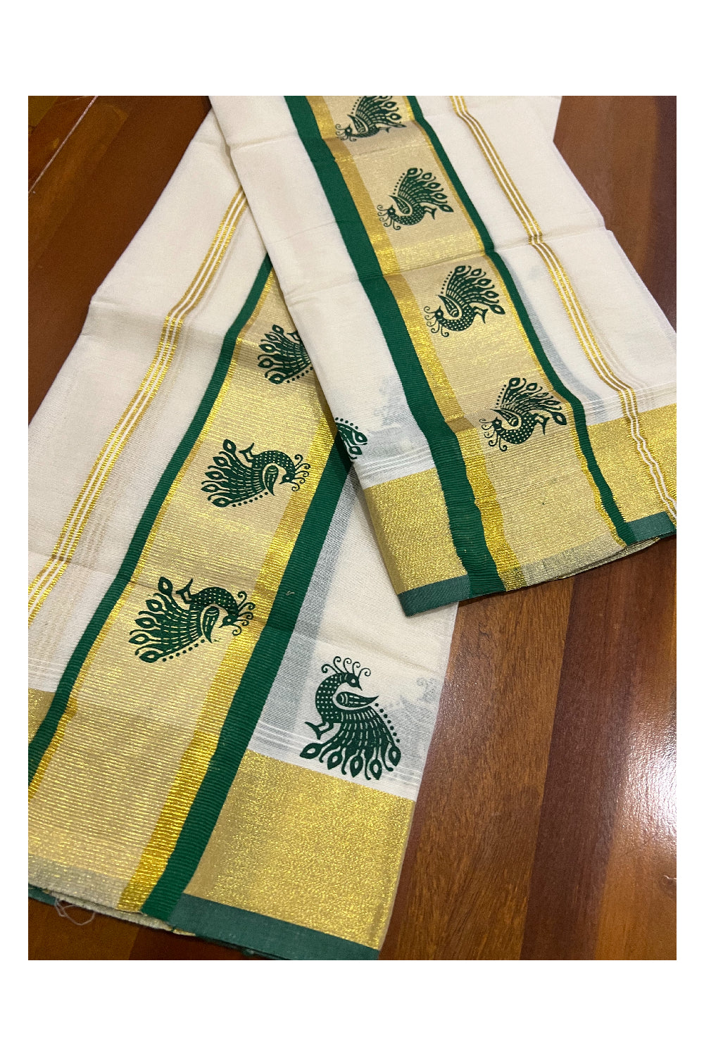 Pure Cotton Kasavu Set Mundu (Mundum Neriyathum) with Green Peacock Block Prints on Border