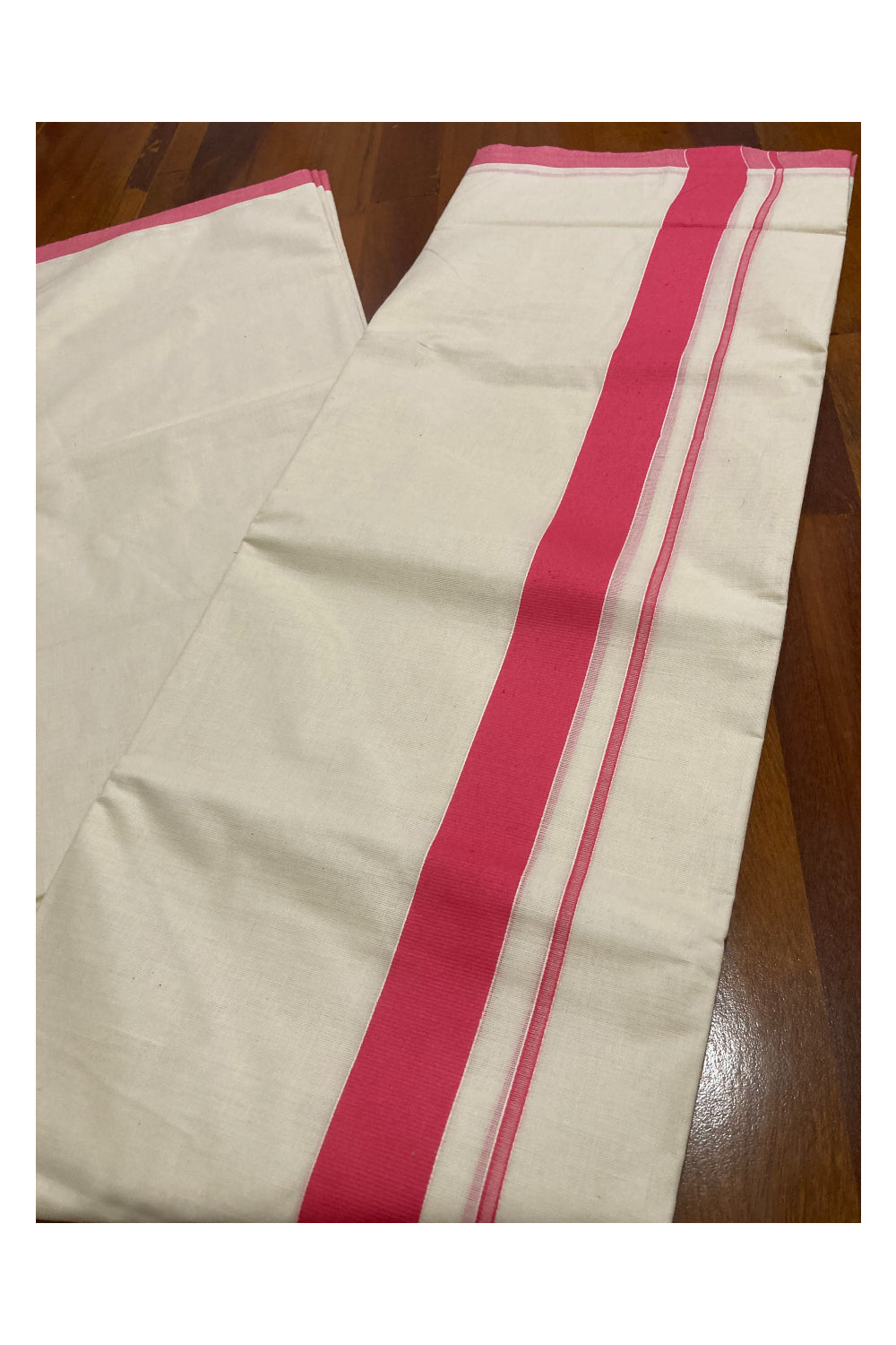 Off White Pure Cotton Double Mundu with Pink Border (South Indian Kerala Dhoti)