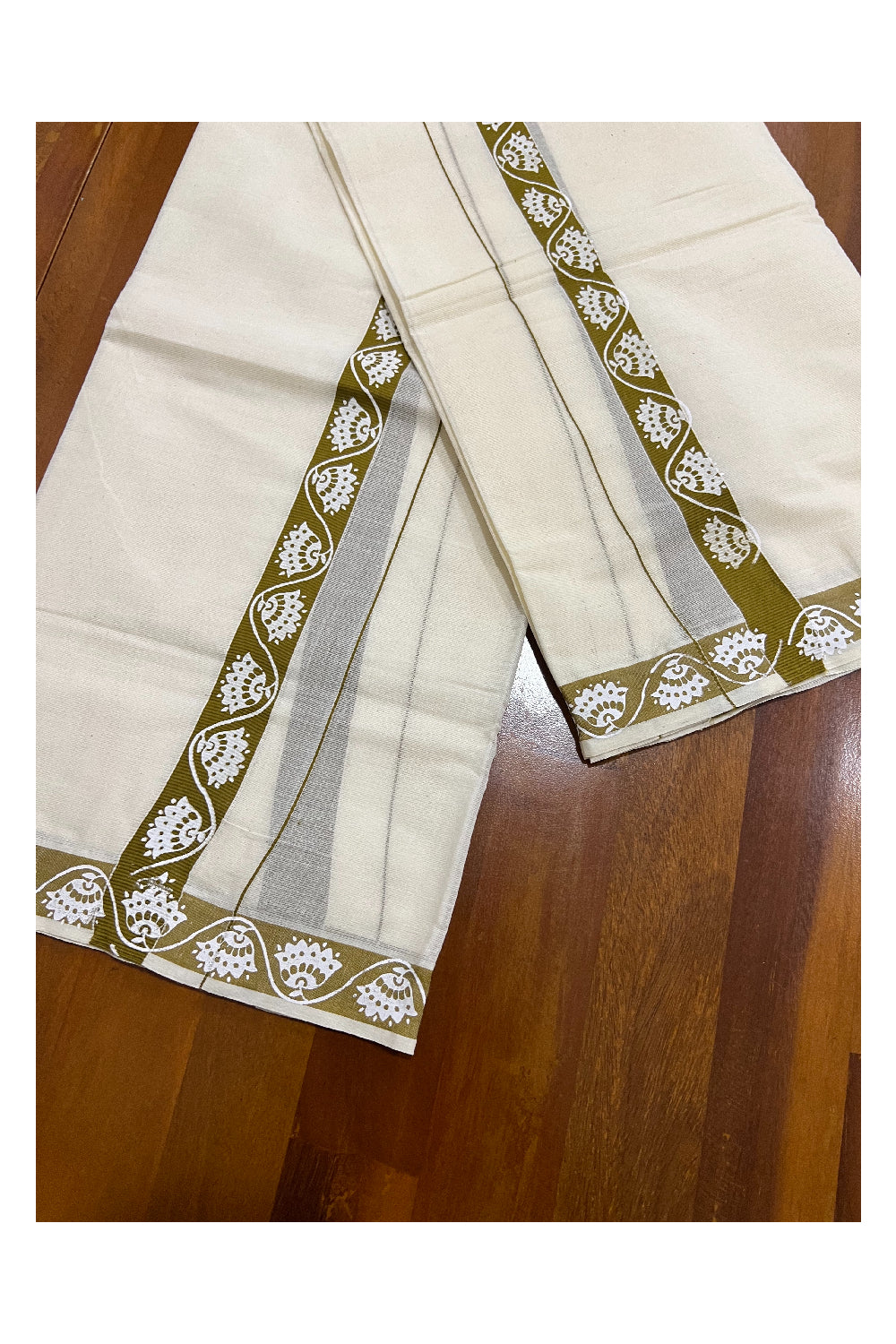 Pure Cotton Set Mundu (Mundum Neriyathum) with White Floral Block Prints on 1 inch Olive Green Border