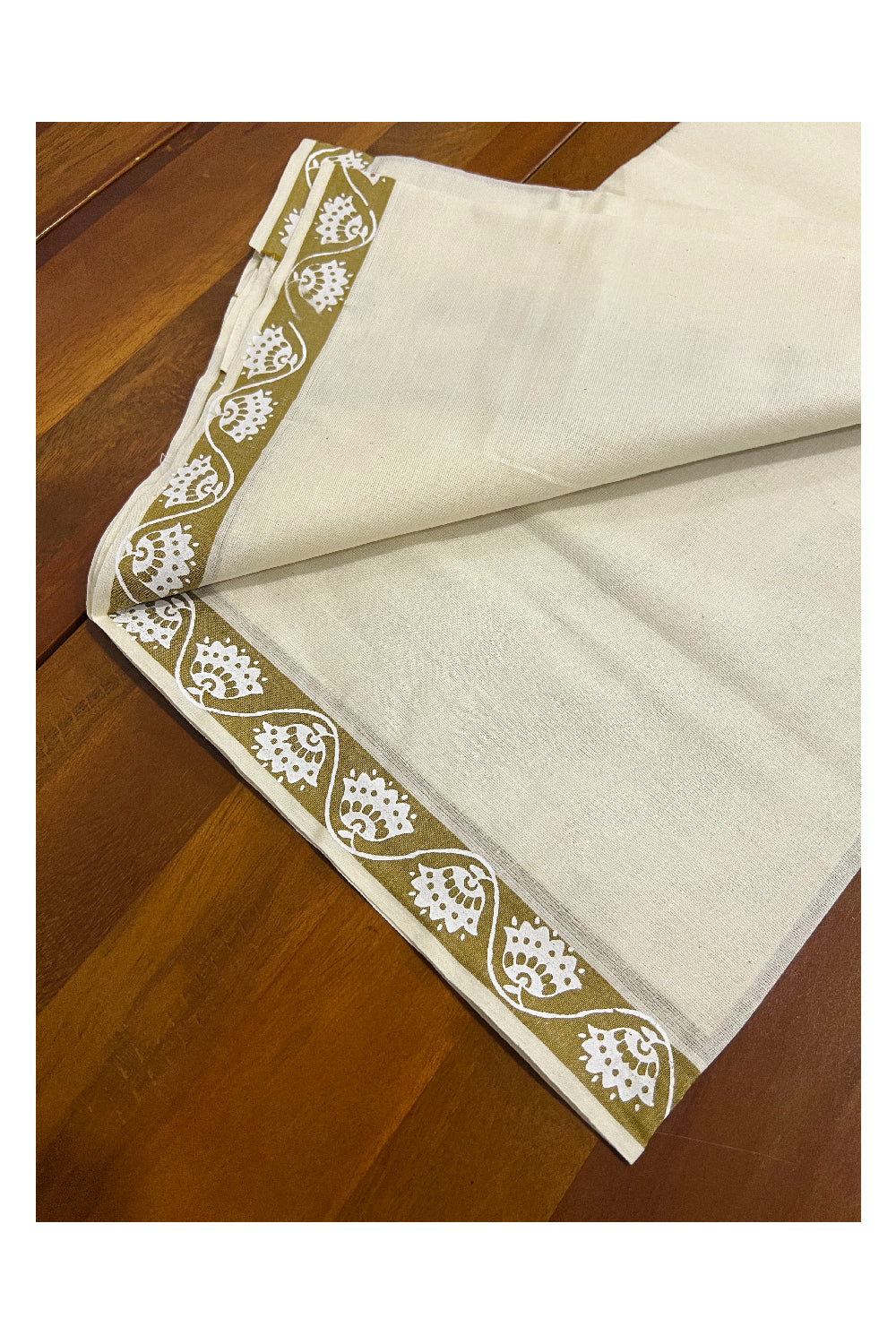 Pure Cotton Set Mundu (Mundum Neriyathum) with White Floral Block Prints on 1 inch Olive Green Border