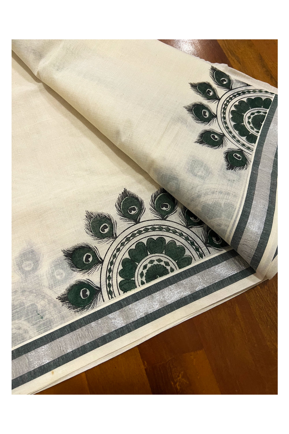Kerala Cotton Silver Kasavu Set Mundu (Mundum Neriyathum) with Green Feather Semi Circle Block Prints