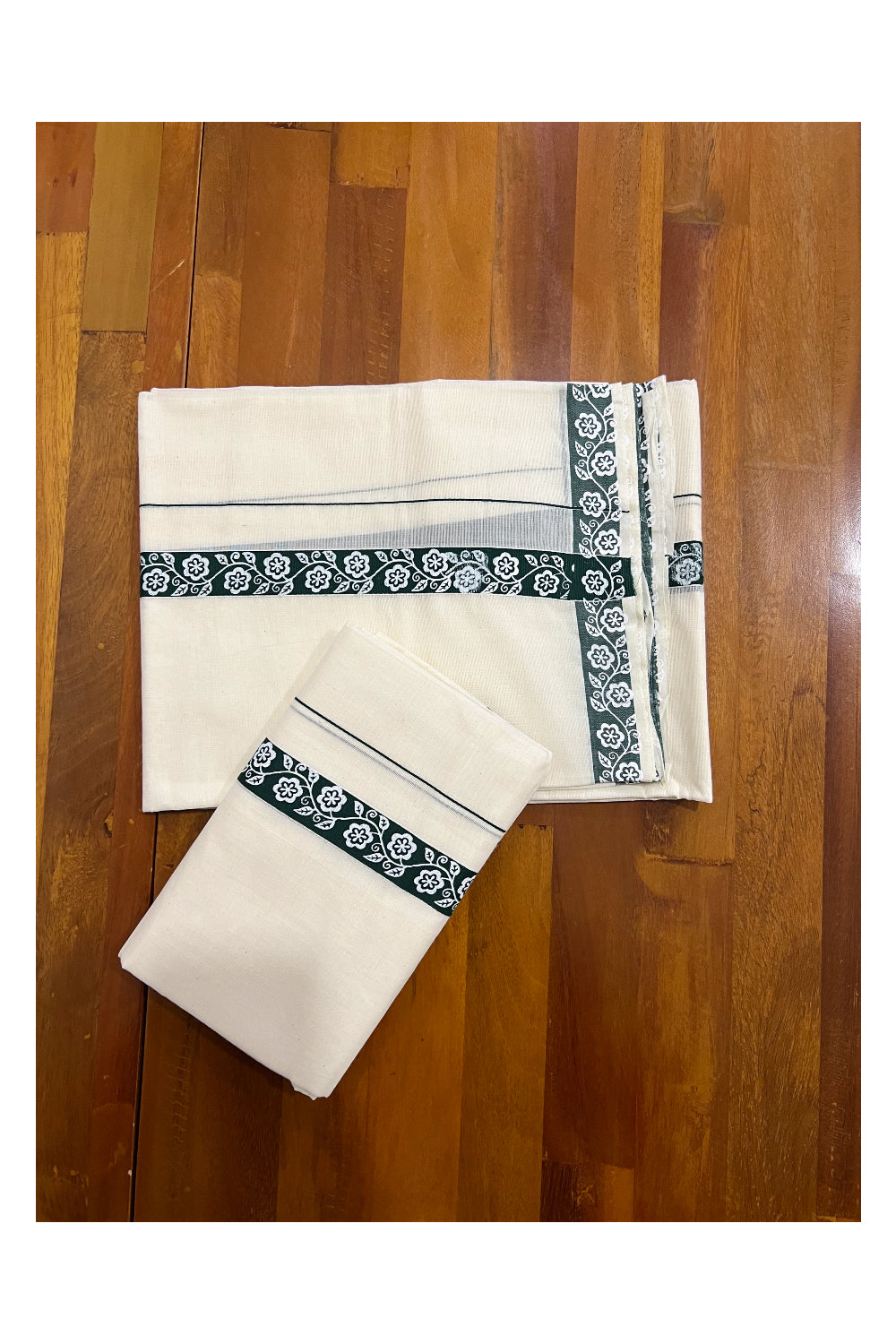 Pure Cotton Set Mundu (Mundum Neriyathum) with White Floral Block Prints on 1 inch Dark Green Border