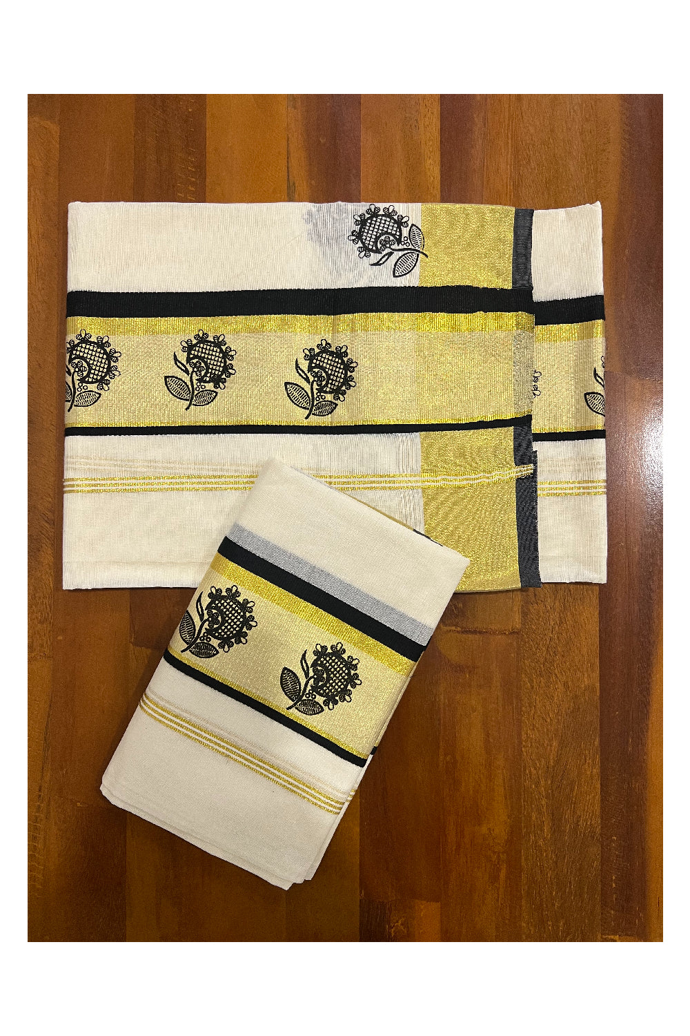 Pure Cotton Kasavu Set Mundu (Mundum Neriyathum) with Black Floral Block Prints on Border