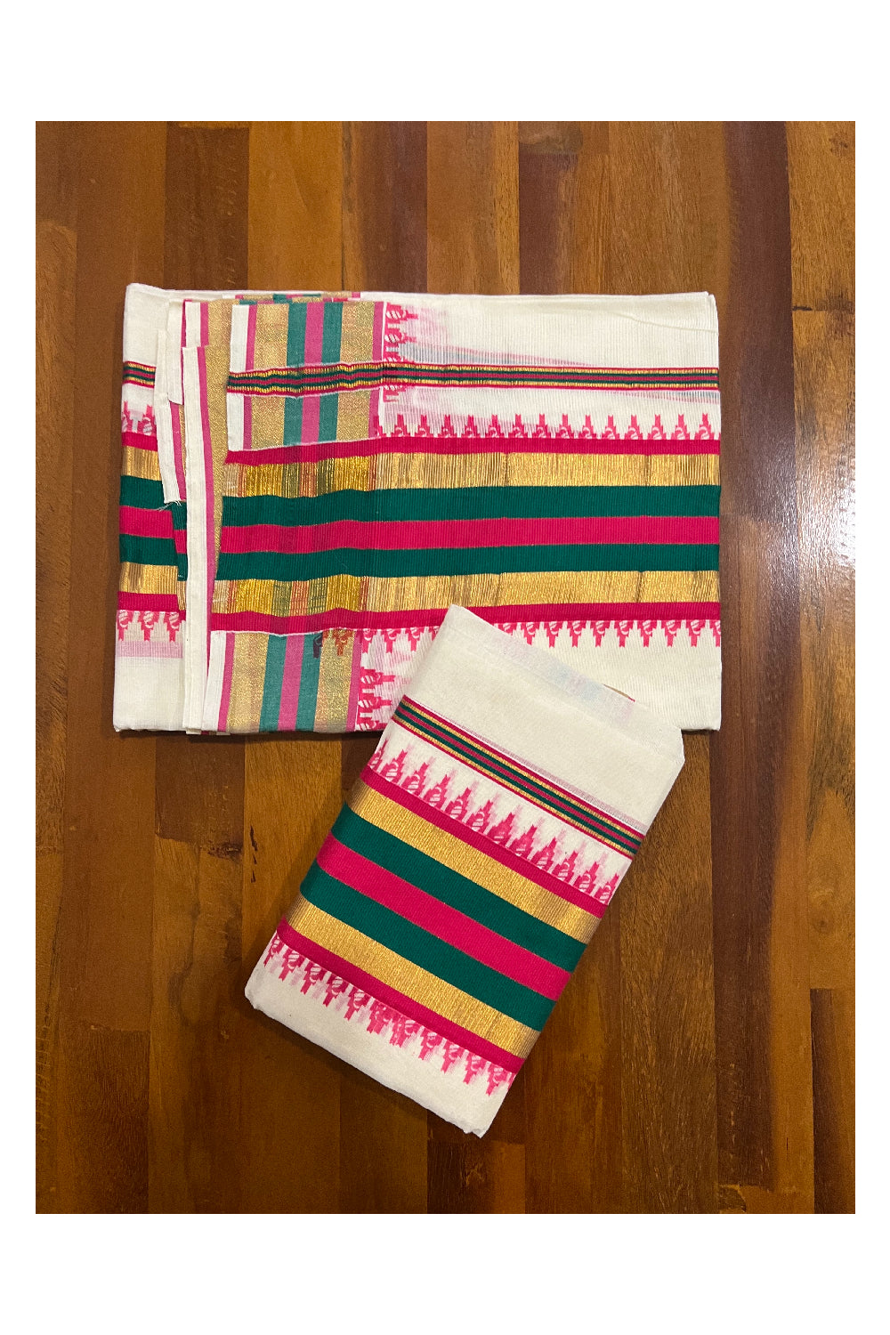 Kerala Cotton Kasavu Set Mundu (Mundum Neriyathum) with Temple Block Prints on Magenta and Dark Green Border