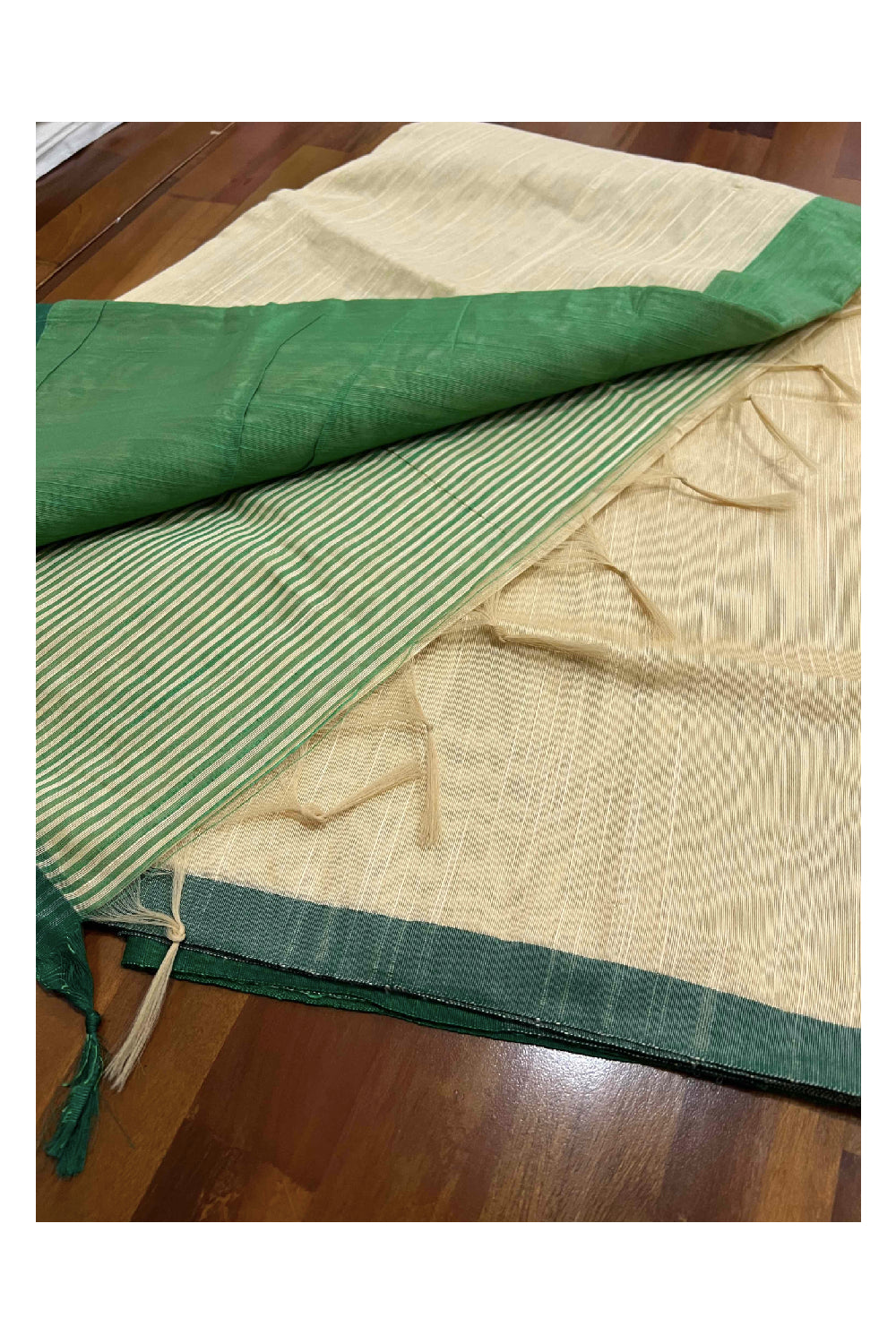 Southloom Kosa Cream Saree with Green Designer Pallu