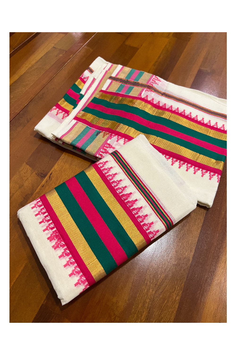 Kerala Cotton Kasavu Set Mundu (Mundum Neriyathum) with Temple Block Prints on Magenta and Dark Green Border