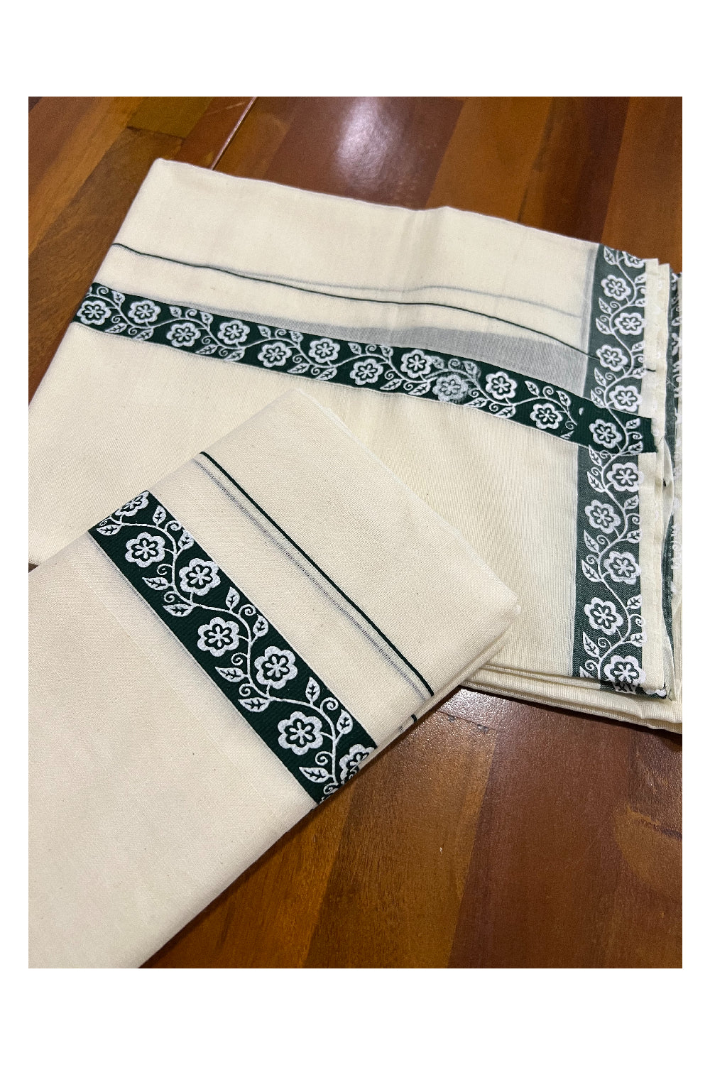 Pure Cotton Set Mundu (Mundum Neriyathum) with White Floral Block Prints on 1 inch Dark Green Border