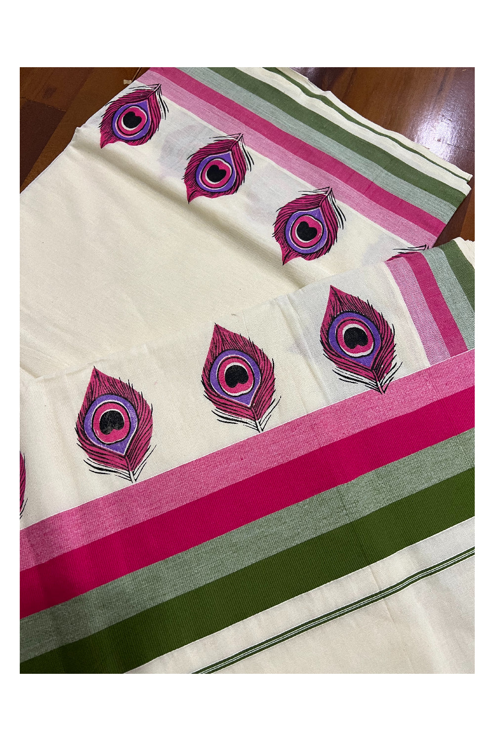 Kerala Cotton Saree with Pink Peacock Feather Mural Printed and Multi Colour Border