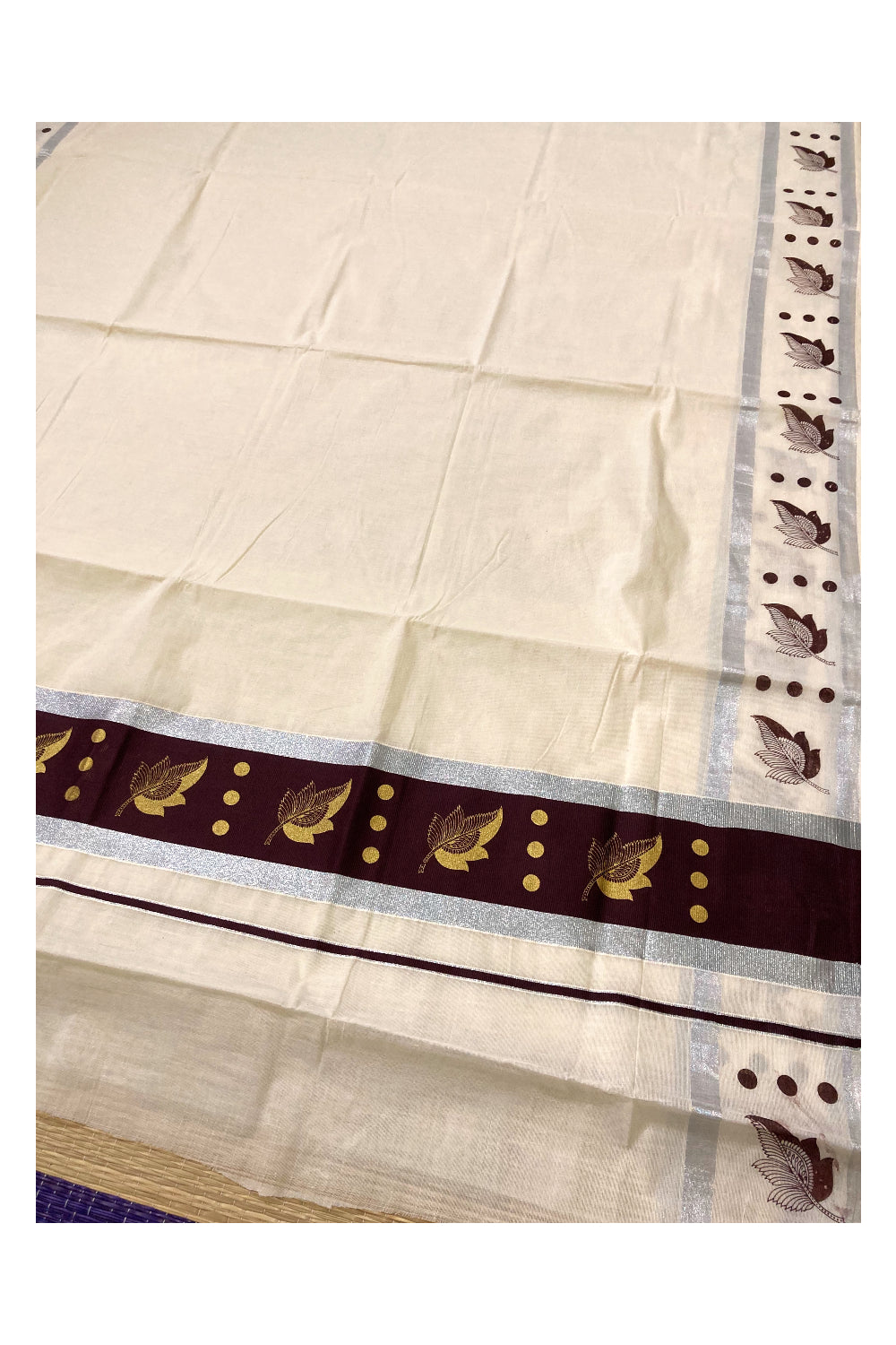 Pure Cotton Kerala Saree with Golden Leaf Block Prints on Silver Kasavu and Dark Brown Pallu