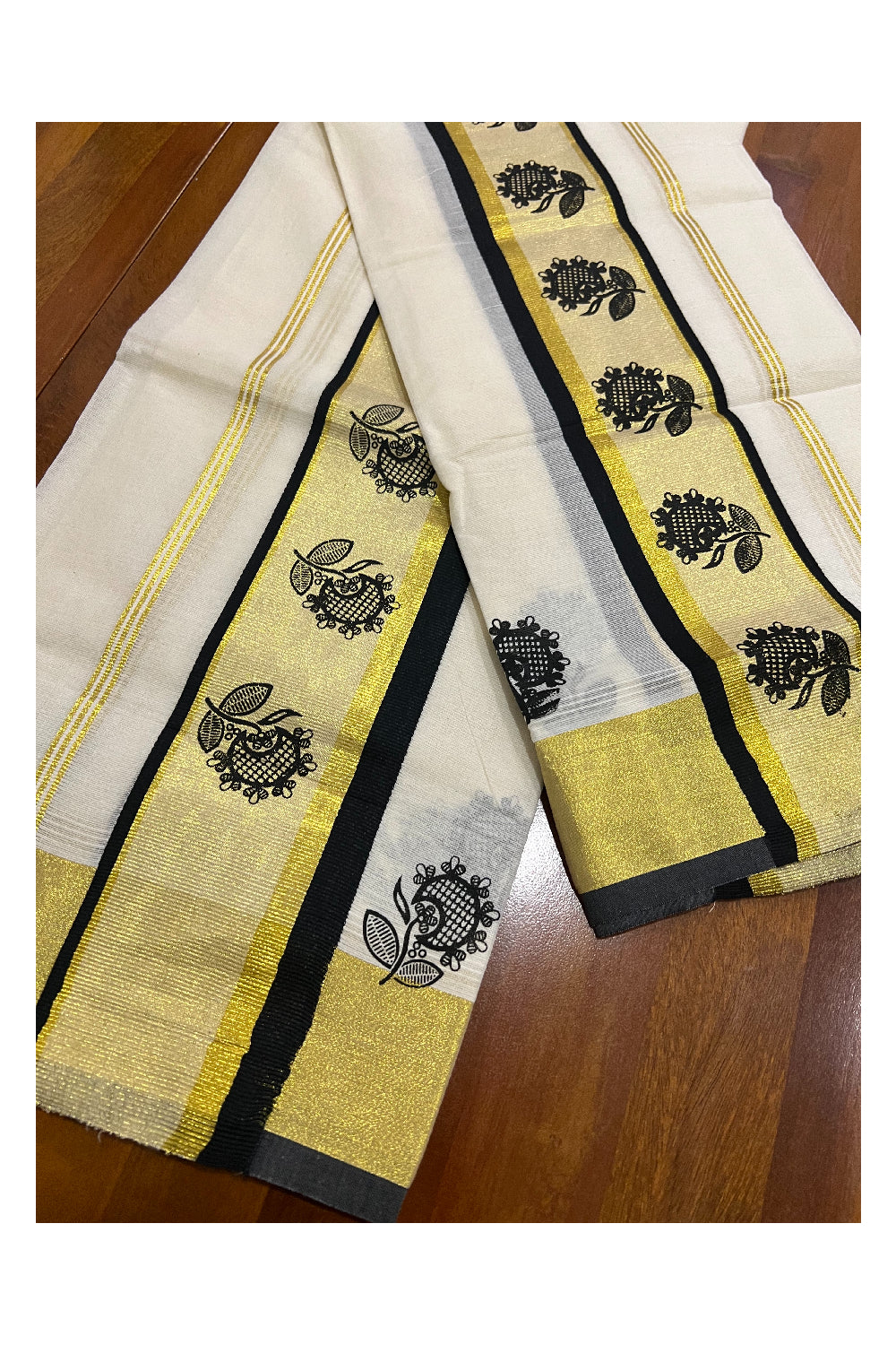 Pure Cotton Kasavu Set Mundu (Mundum Neriyathum) with Black Floral Block Prints on Border