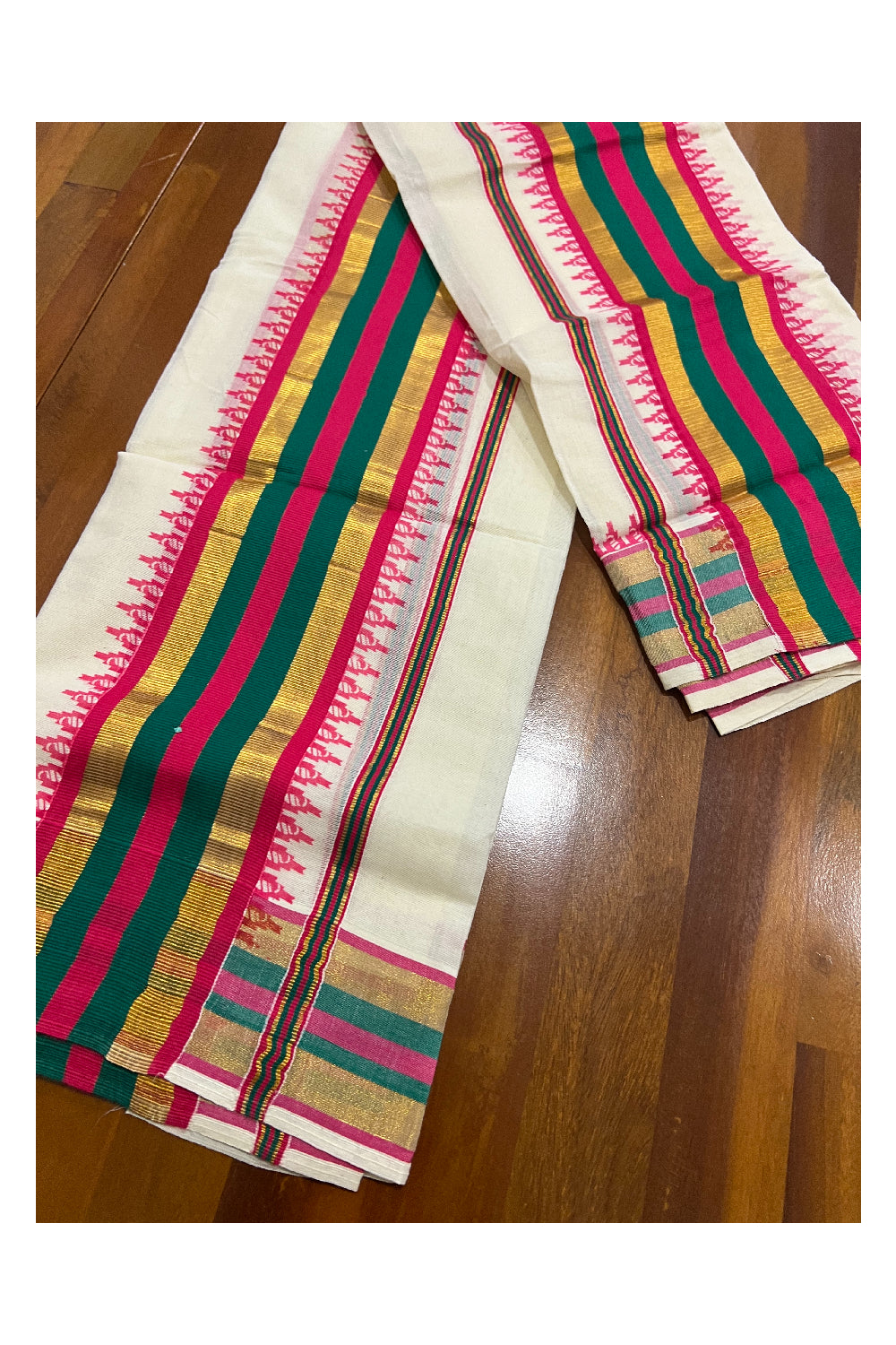 Kerala Cotton Kasavu Set Mundu (Mundum Neriyathum) with Temple Block Prints on Magenta and Dark Green Border