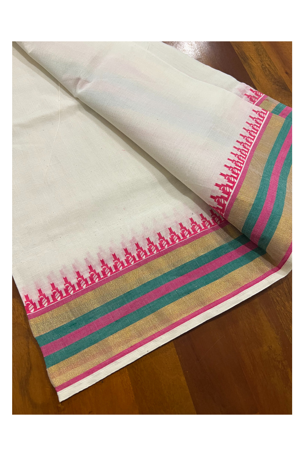 Kerala Cotton Kasavu Set Mundu (Mundum Neriyathum) with Temple Block Prints on Magenta and Dark Green Border