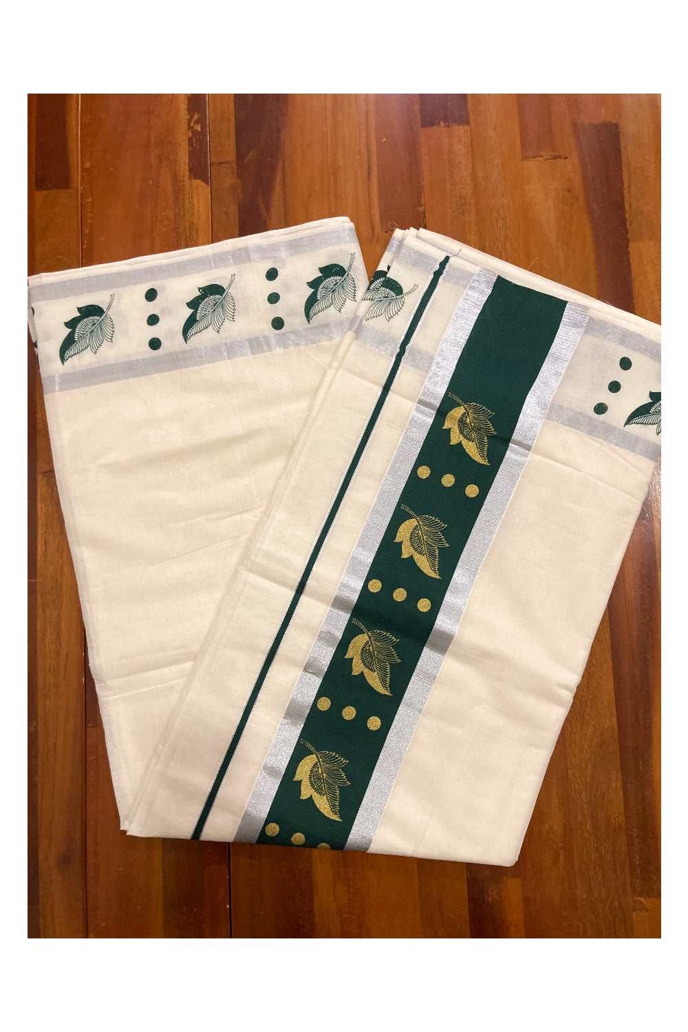 Pure Cotton Kerala Saree with Golden Leaf Block Prints on Silver Kasavu and Dark Green Pallu