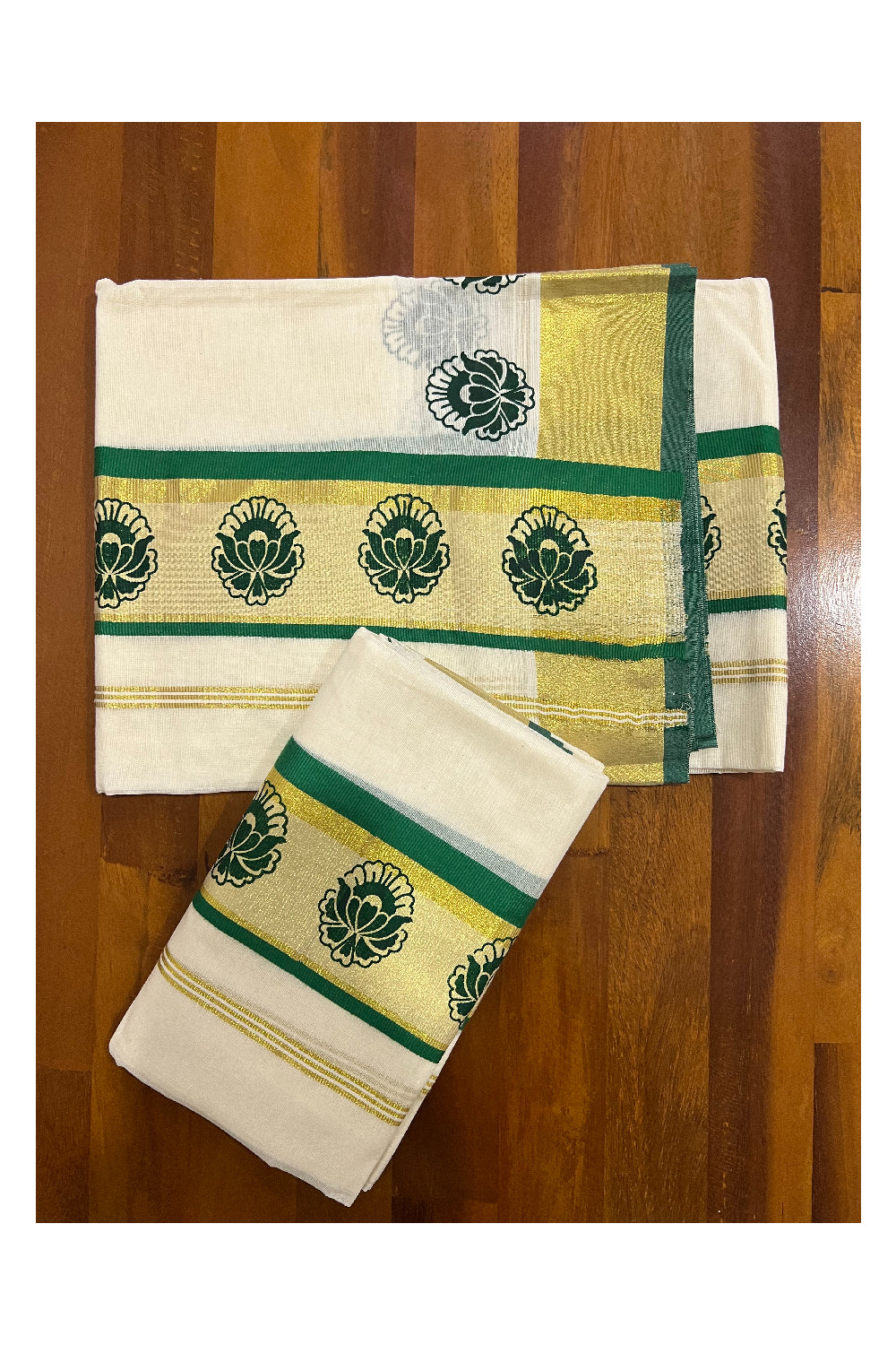 Pure Cotton Kasavu Set Mundu (Mundum Neriyathum) with Green Floral Block Prints on Border