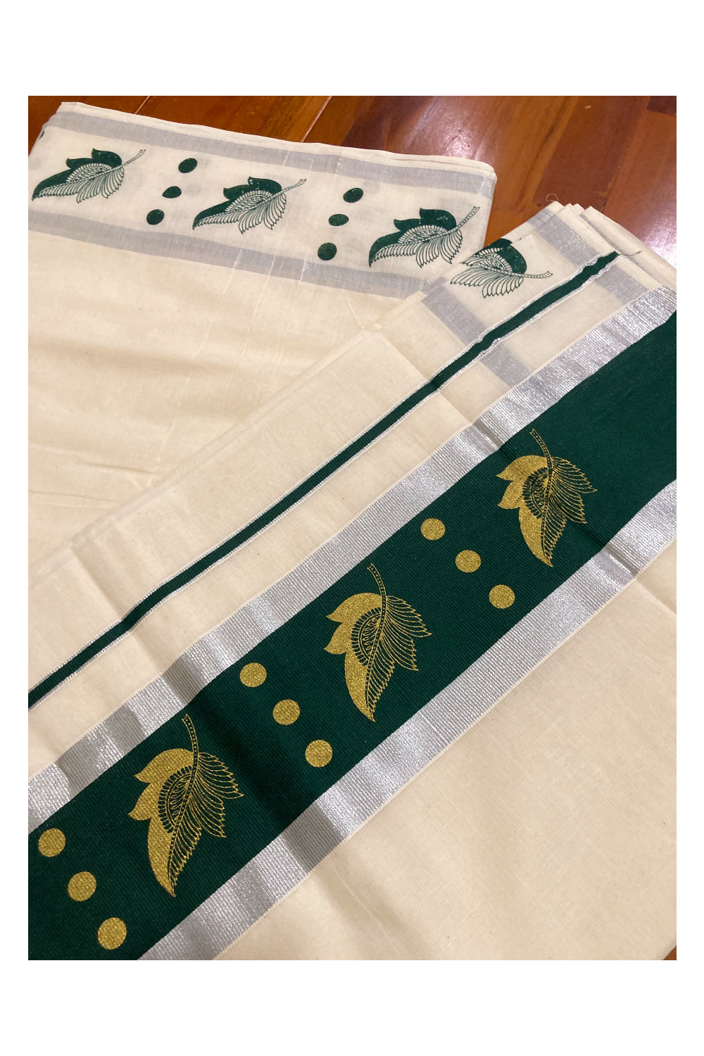 Pure Cotton Kerala Saree with Golden Leaf Block Prints on Silver Kasavu and Dark Green Pallu