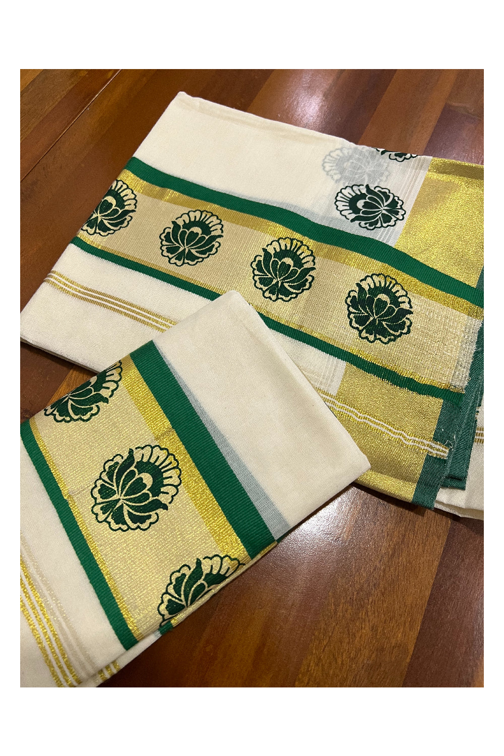 Pure Cotton Kasavu Set Mundu (Mundum Neriyathum) with Green Floral Block Prints on Border