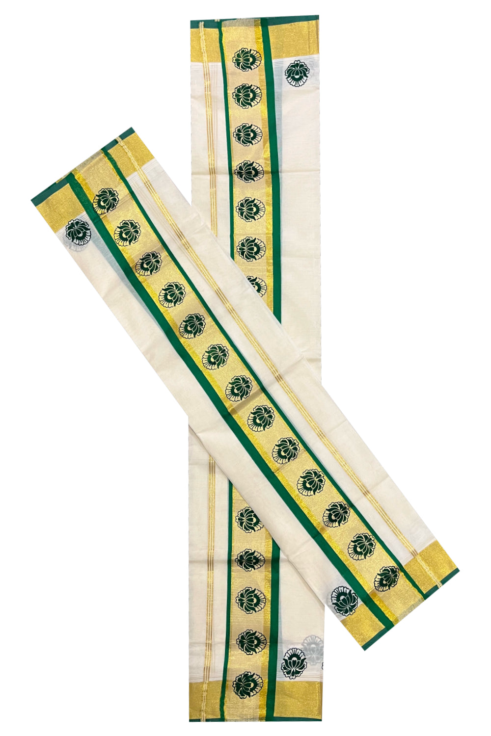 Pure Cotton Kasavu Set Mundu (Mundum Neriyathum) with Green Floral Block Prints on Border