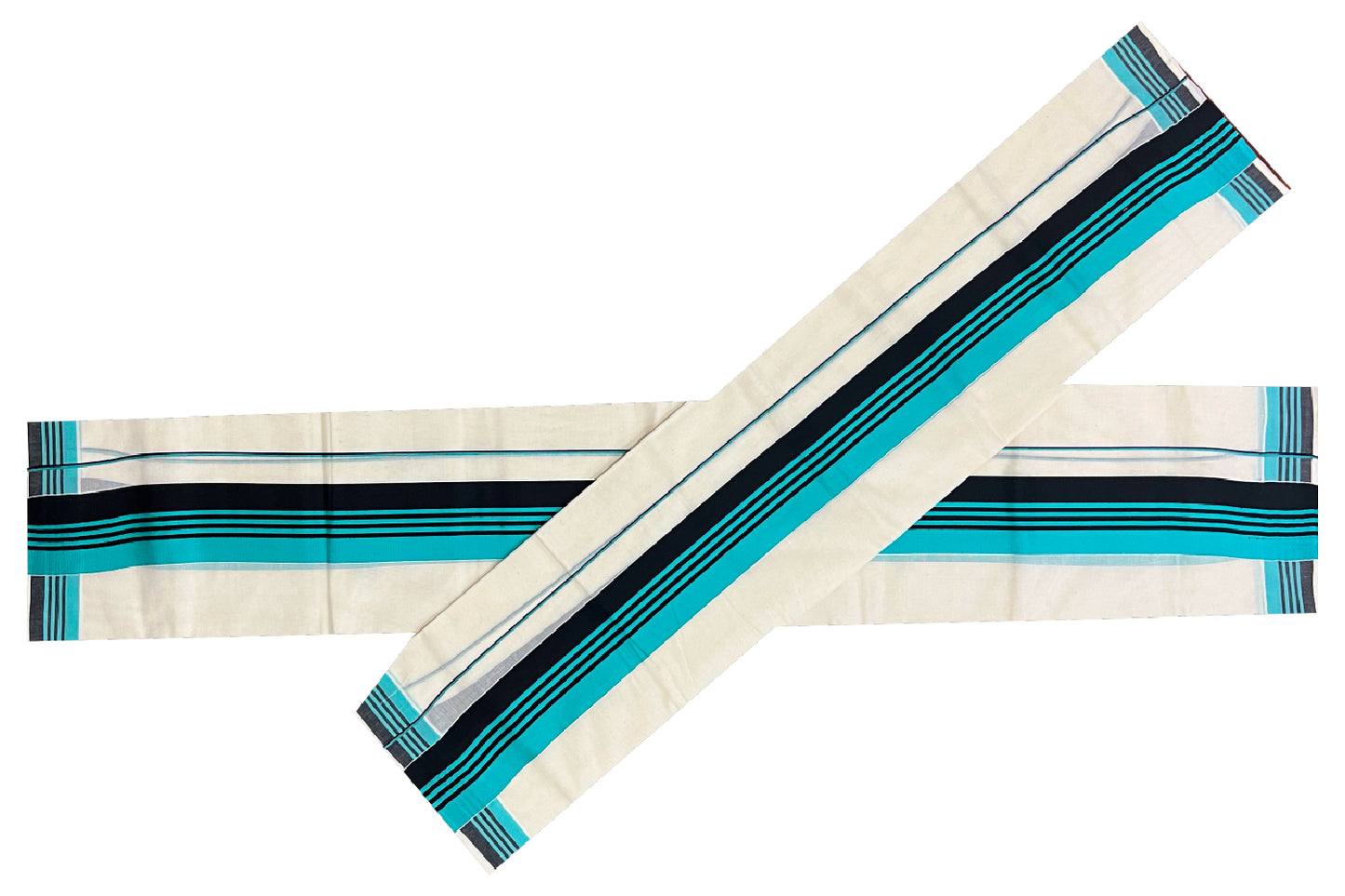 Kerala Cotton Mundum Neriyathum Single (Set Mundu) with Turquoise and Black Border