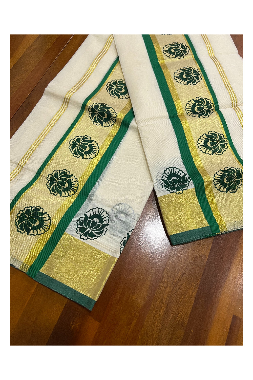 Pure Cotton Kasavu Set Mundu (Mundum Neriyathum) with Green Floral Block Prints on Border