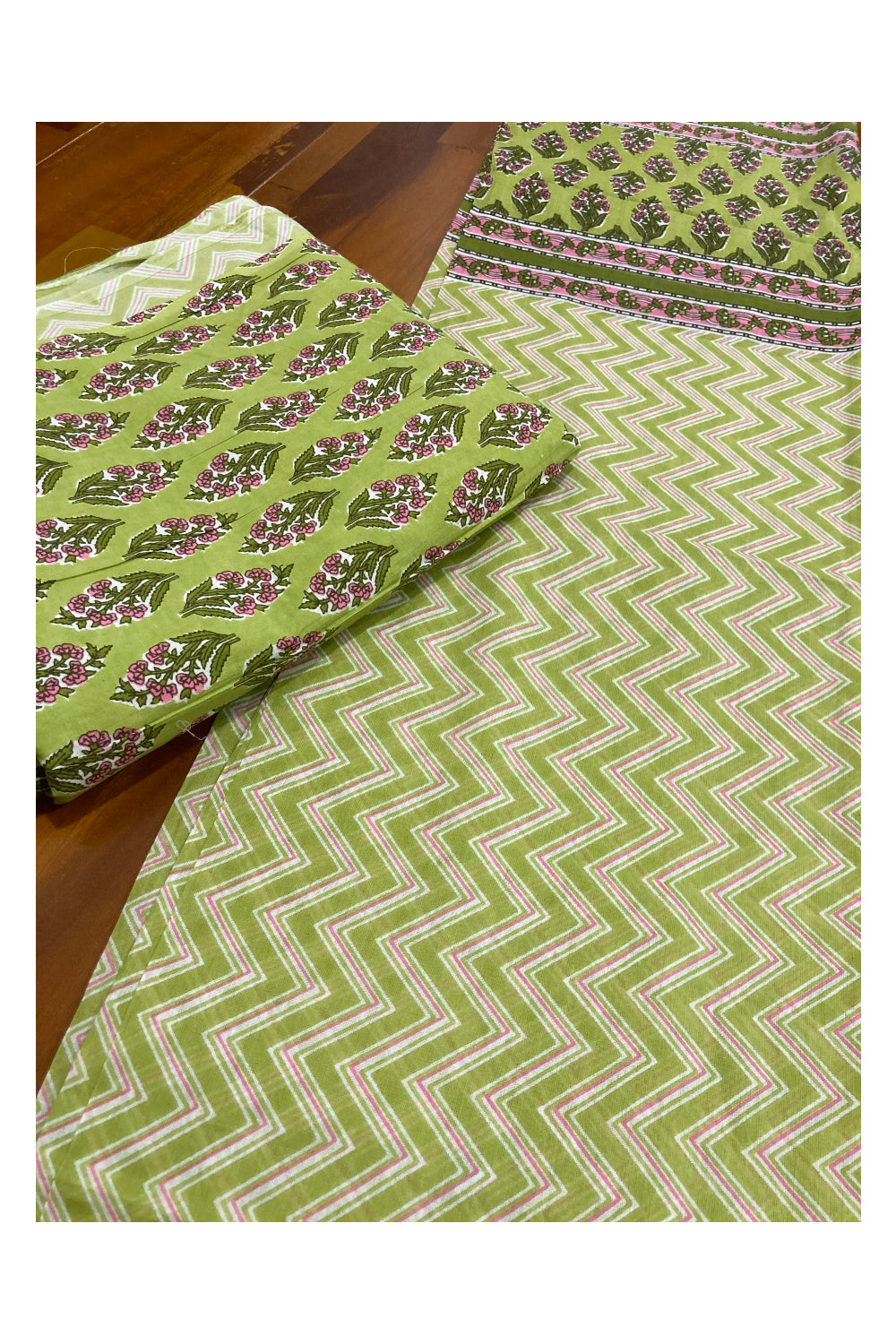 Southloom Pink Floral Hand Block Printed Soft Cotton Jaipur Salwar Suit Material in Green Base Colour