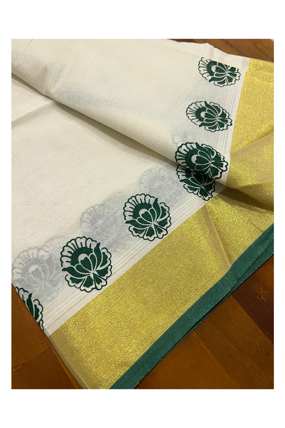 Pure Cotton Kasavu Set Mundu (Mundum Neriyathum) with Green Floral Block Prints on Border