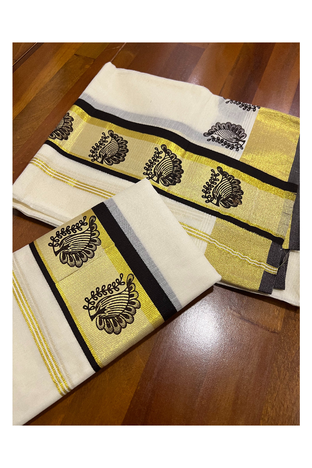 Pure Cotton Kasavu Set Mundu (Mundum Neriyathum) with Dark Brown Paisley Block Prints on Border