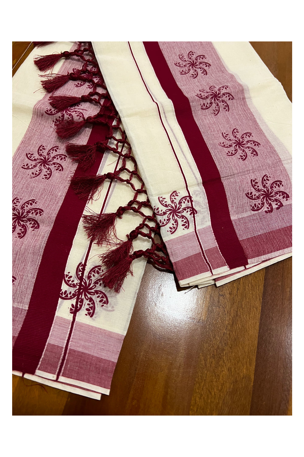 Kerala Cotton Mundum Neriyathum Single (Set Mundu) with Maroon Floral Block Print Border and Tassels Work