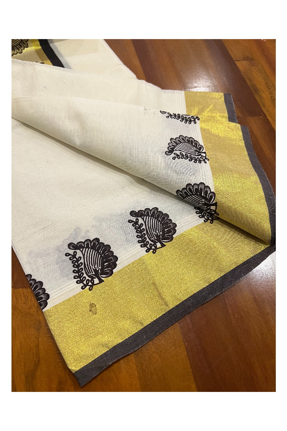 Pure Cotton Kasavu Set Mundu (Mundum Neriyathum) with Dark Brown Paisley Block Prints on Border