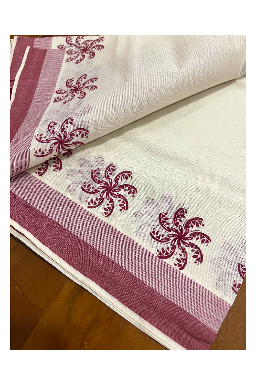 Kerala Cotton Mundum Neriyathum Single (Set Mundu) with Maroon Floral Block Print Border and Tassels Work
