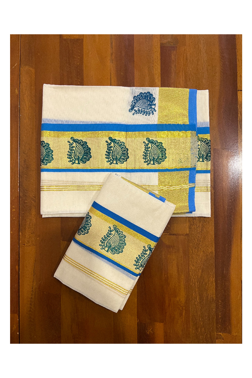 Pure Cotton Kasavu Set Mundu (Mundum Neriyathum) with Light Blue Paisley Block Prints on Border