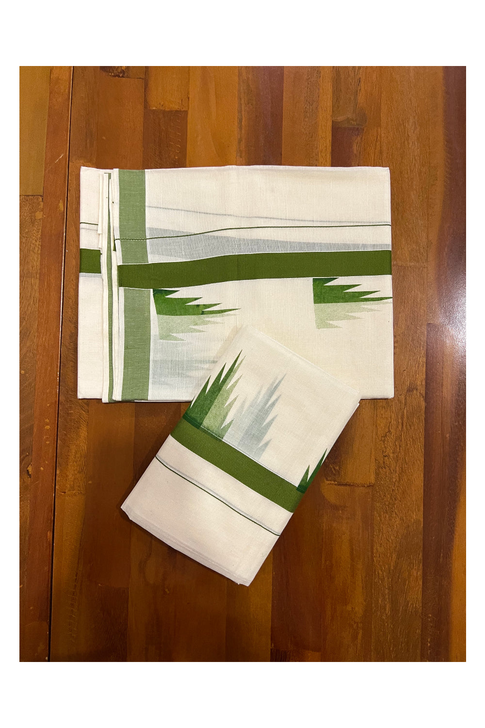 Kerala Cotton Set Mundu (Mundum Neriyathum) with Light Green Temple Works on Border