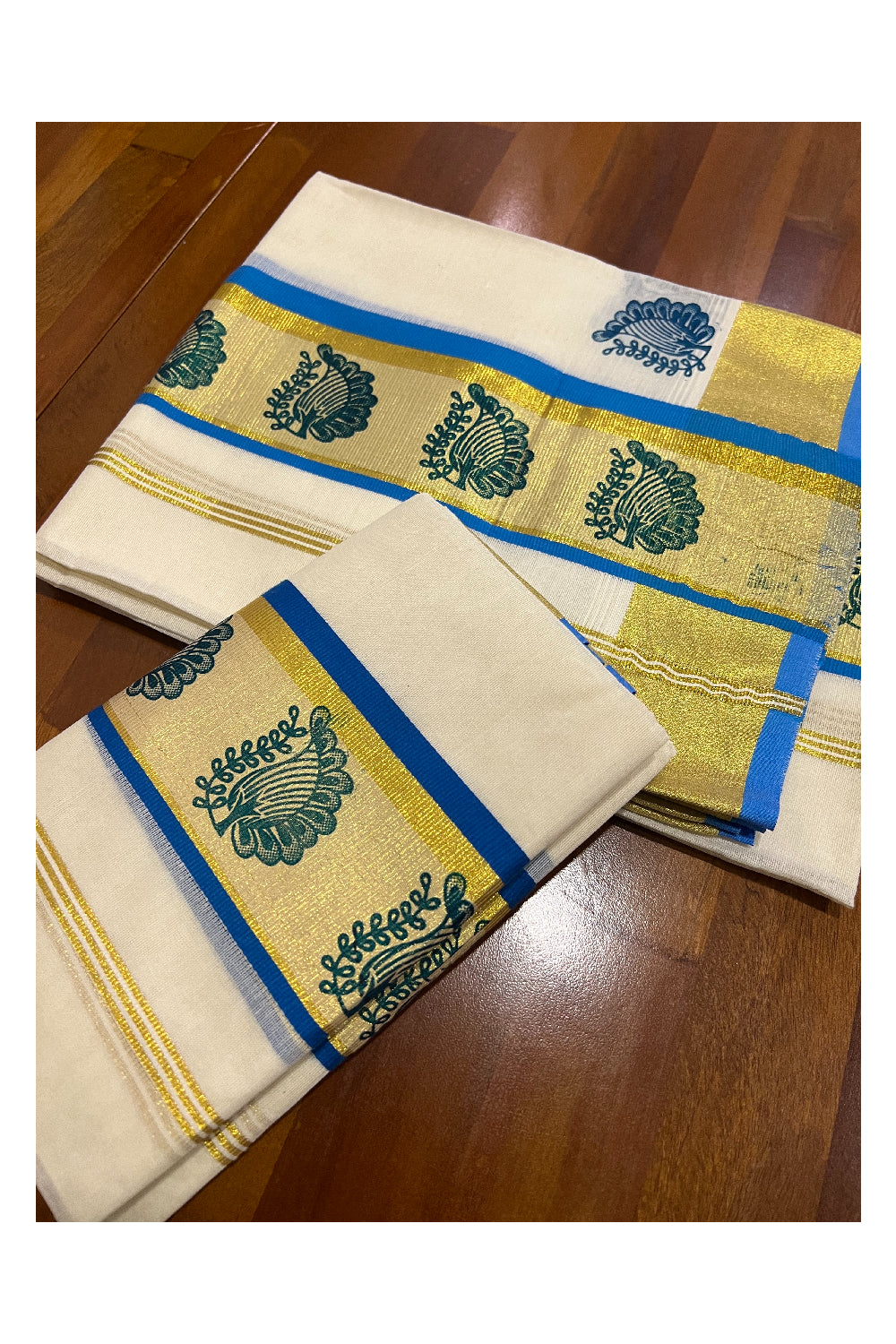 Pure Cotton Kasavu Set Mundu (Mundum Neriyathum) with Light Blue Paisley Block Prints on Border