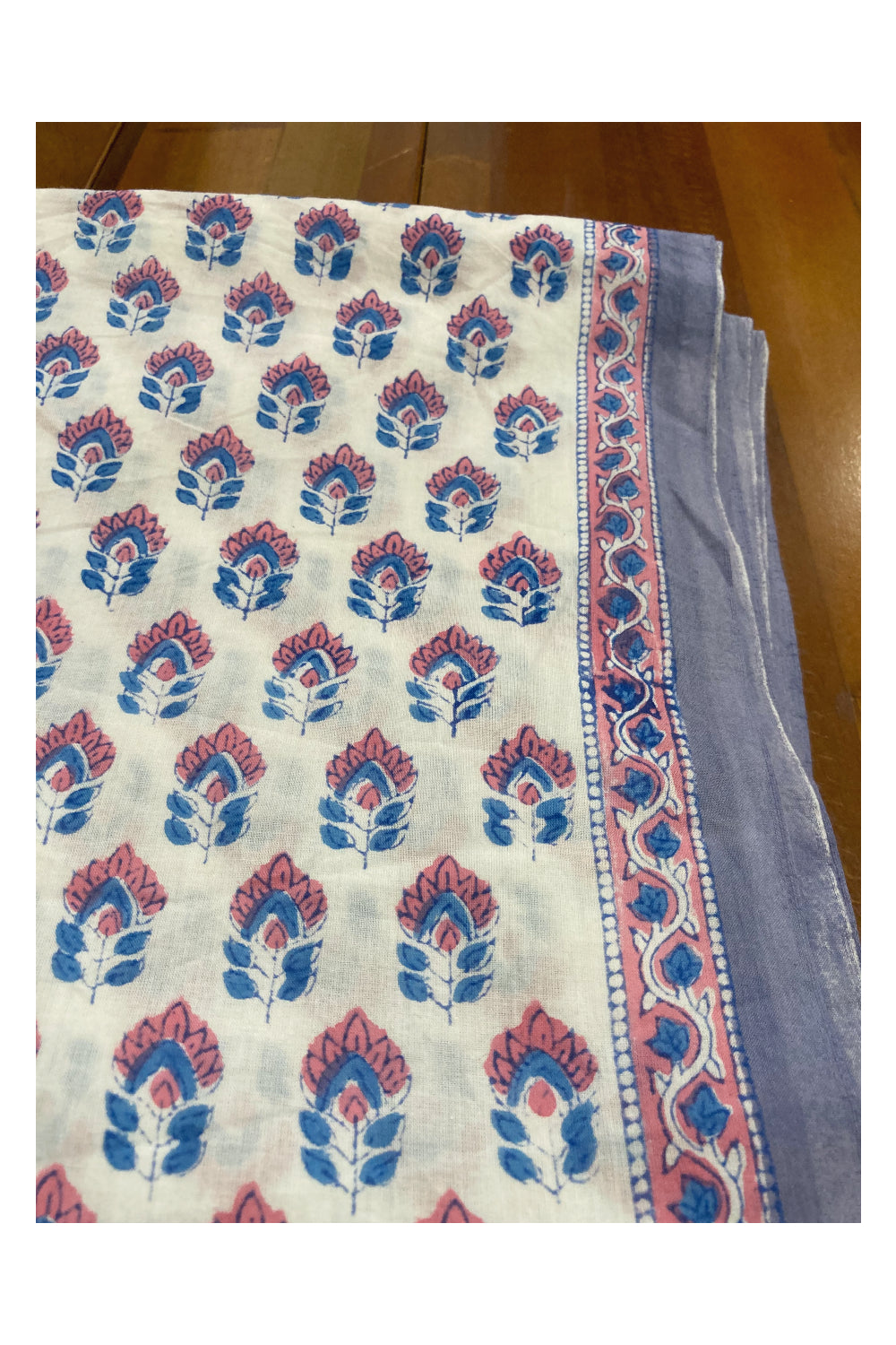 Southloom Blue and Pink Floral Hand Block Printed Soft Cotton Jaipur Salwar Suit Material in White Base Colour