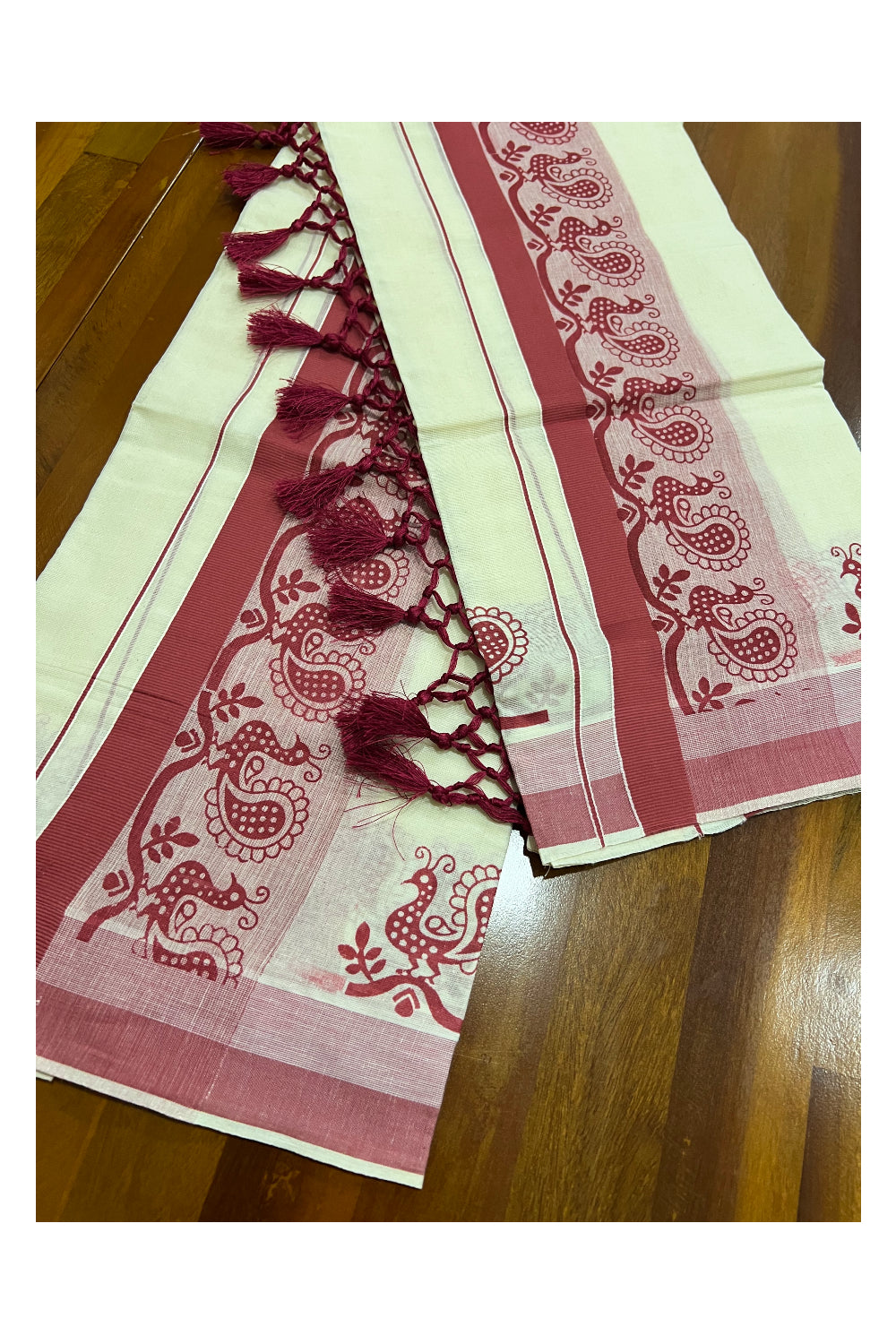 Kerala Cotton Mundum Neriyathum Single (Set Mundu) with Red Peacock Block Print Border and Tassels Work