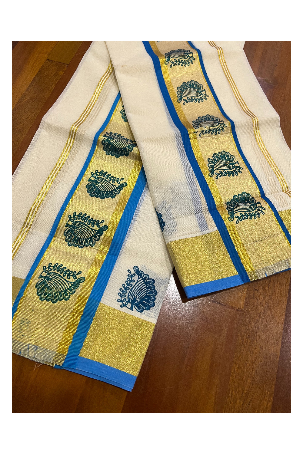 Pure Cotton Kasavu Set Mundu (Mundum Neriyathum) with Light Blue Paisley Block Prints on Border