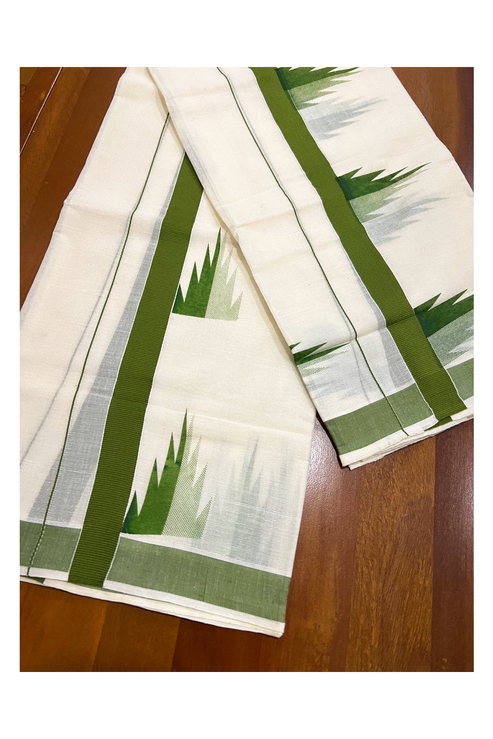 Kerala Cotton Set Mundu (Mundum Neriyathum) with Light Green Temple Works on Border