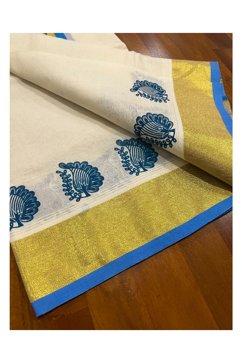 Pure Cotton Kasavu Set Mundu (Mundum Neriyathum) with Light Blue Paisley Block Prints on Border