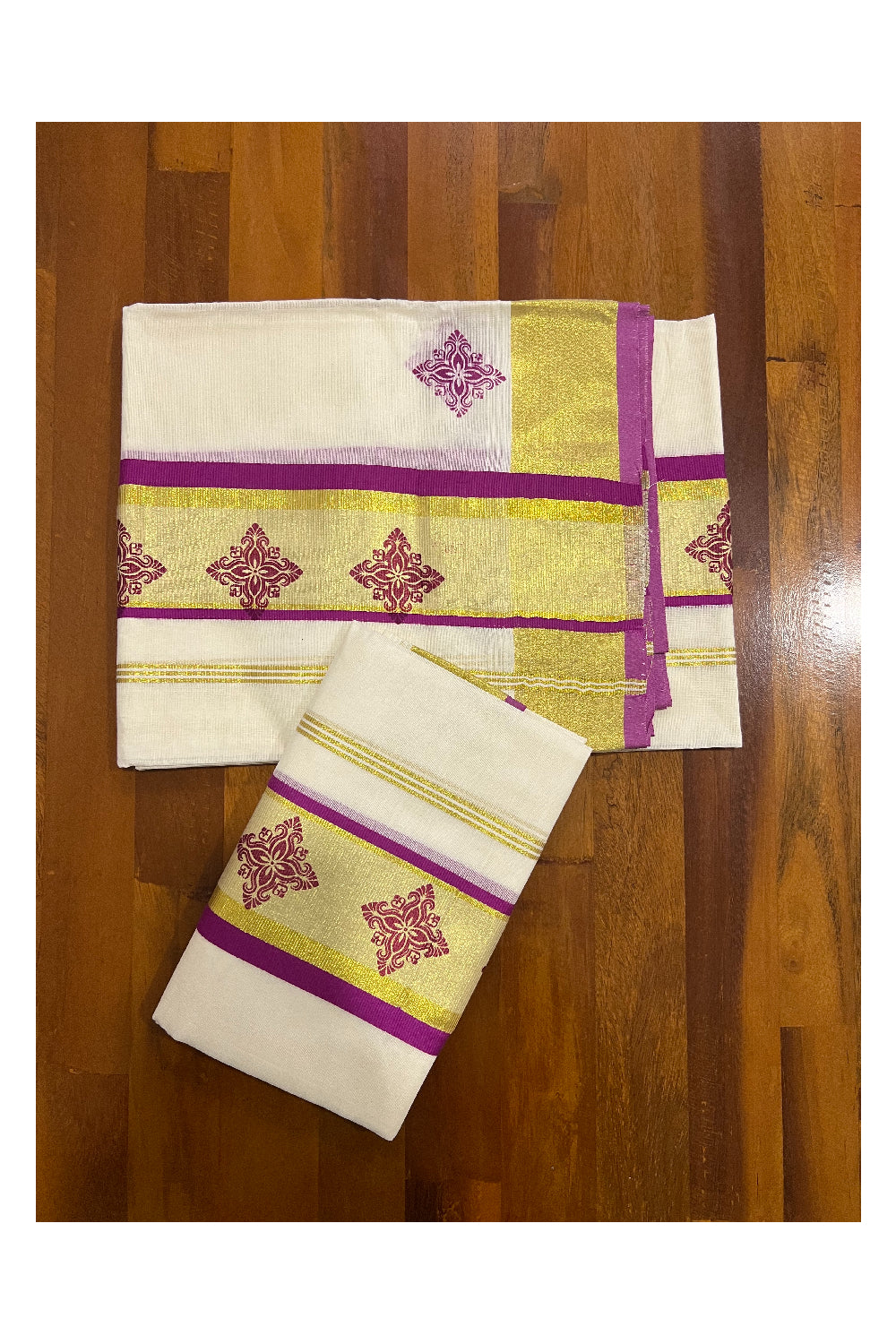 Pure Cotton Kasavu Set Mundu (Mundum Neriyathum) with Magenta Floral Block Prints on Border