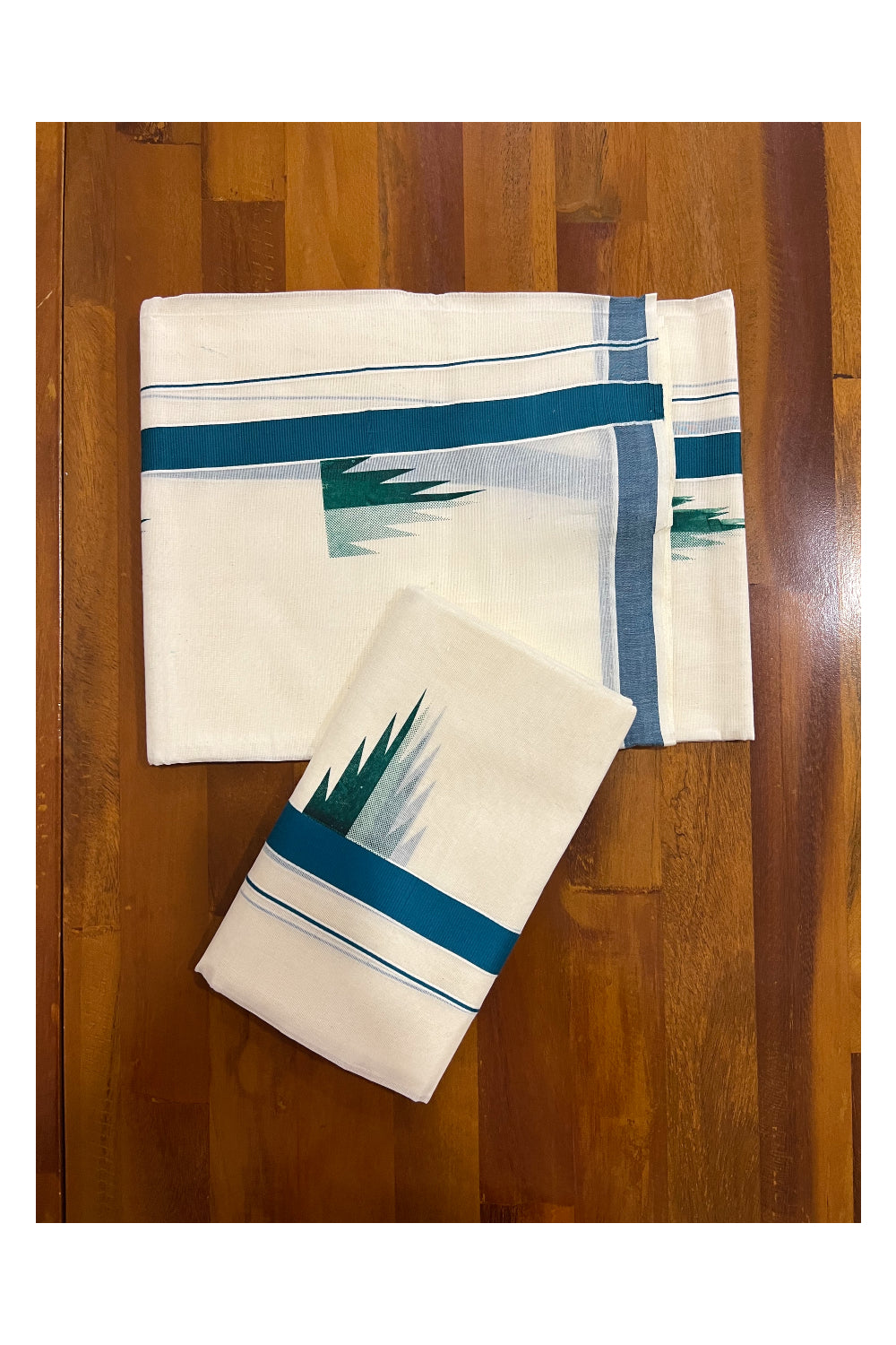 Kerala Cotton Set Mundu (Mundum Neriyathum) with Teal Green Temple Works on Border