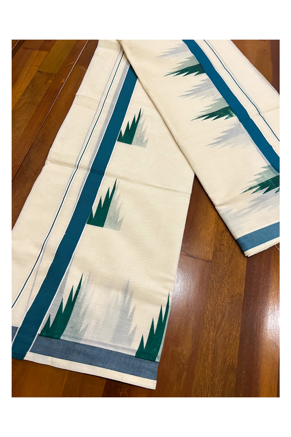 Kerala Cotton Set Mundu (Mundum Neriyathum) with Teal Green Temple Works on Border