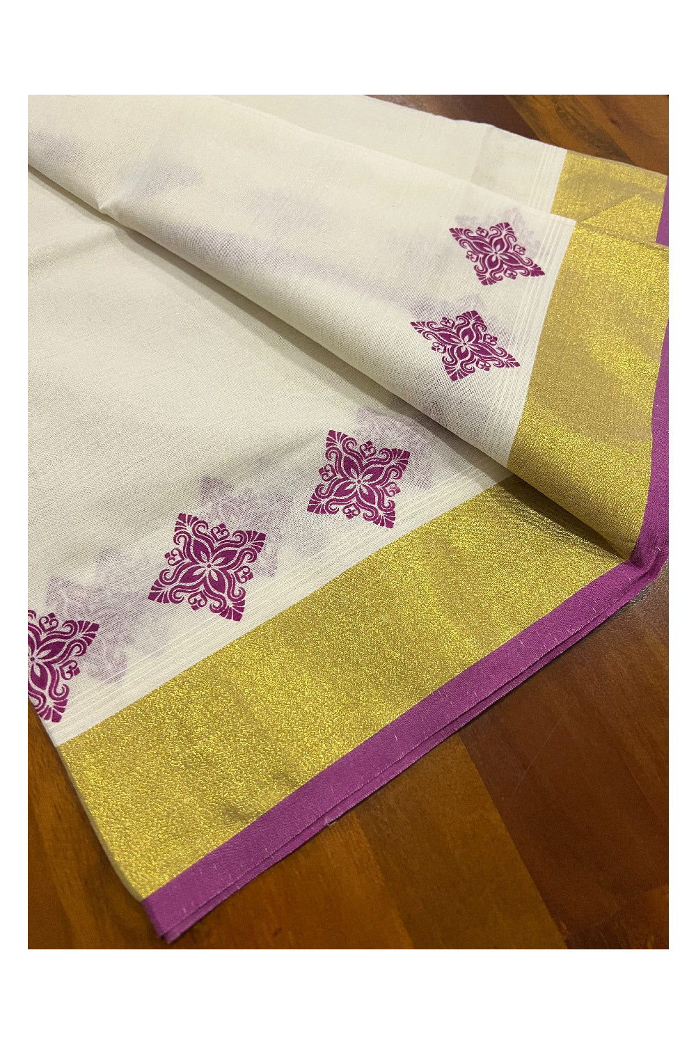 Pure Cotton Kasavu Set Mundu (Mundum Neriyathum) with Magenta Floral Block Prints on Border