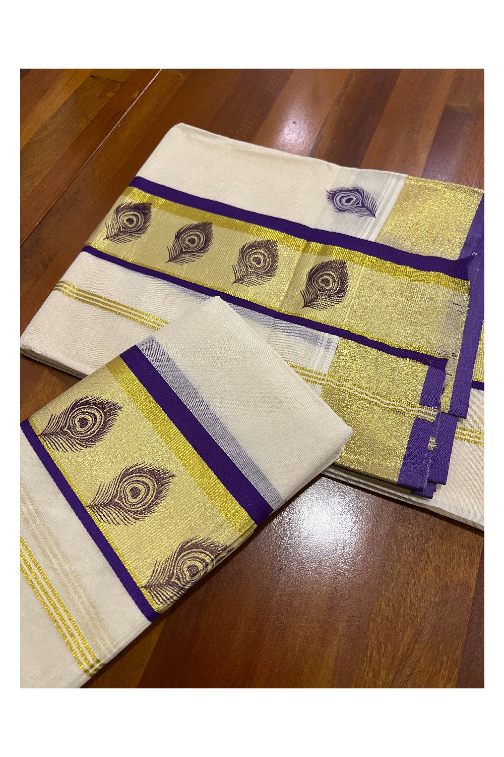 Pure Cotton Kasavu Set Mundu (Mundum Neriyathum) with Violet Feather Block Prints on Border