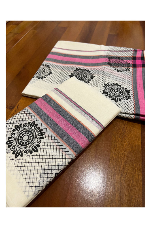 Southloom Onam 2022 Mulloth Soft Cotton Set Mundu with Pink Kara and Block Print