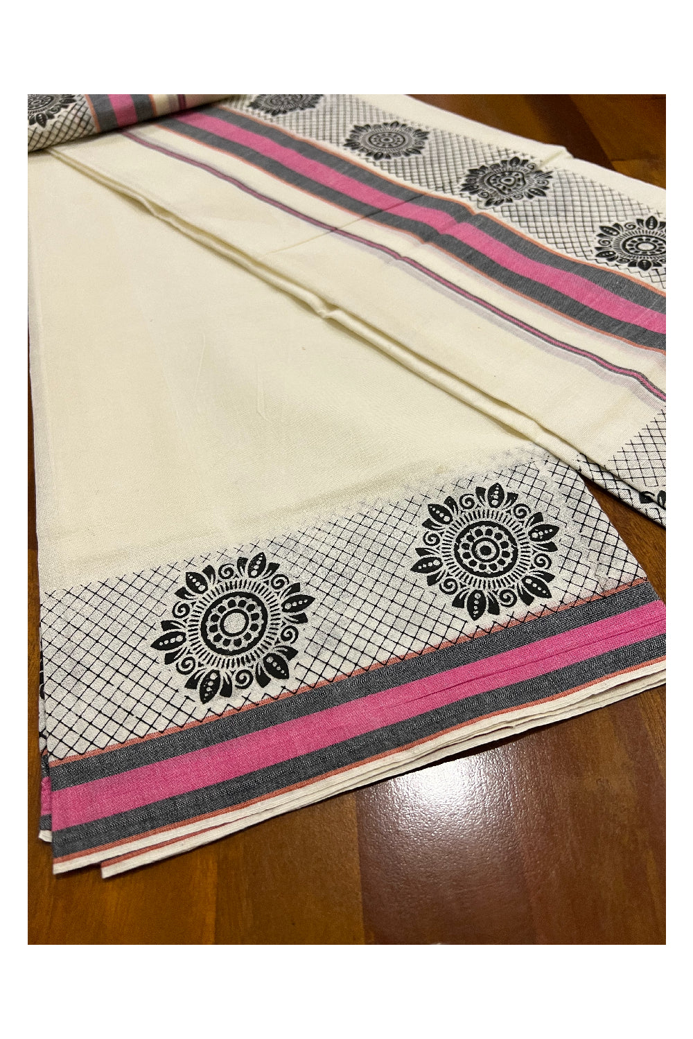 Southloom Onam 2022 Mulloth Soft Cotton Set Mundu with Pink Kara and Block Print