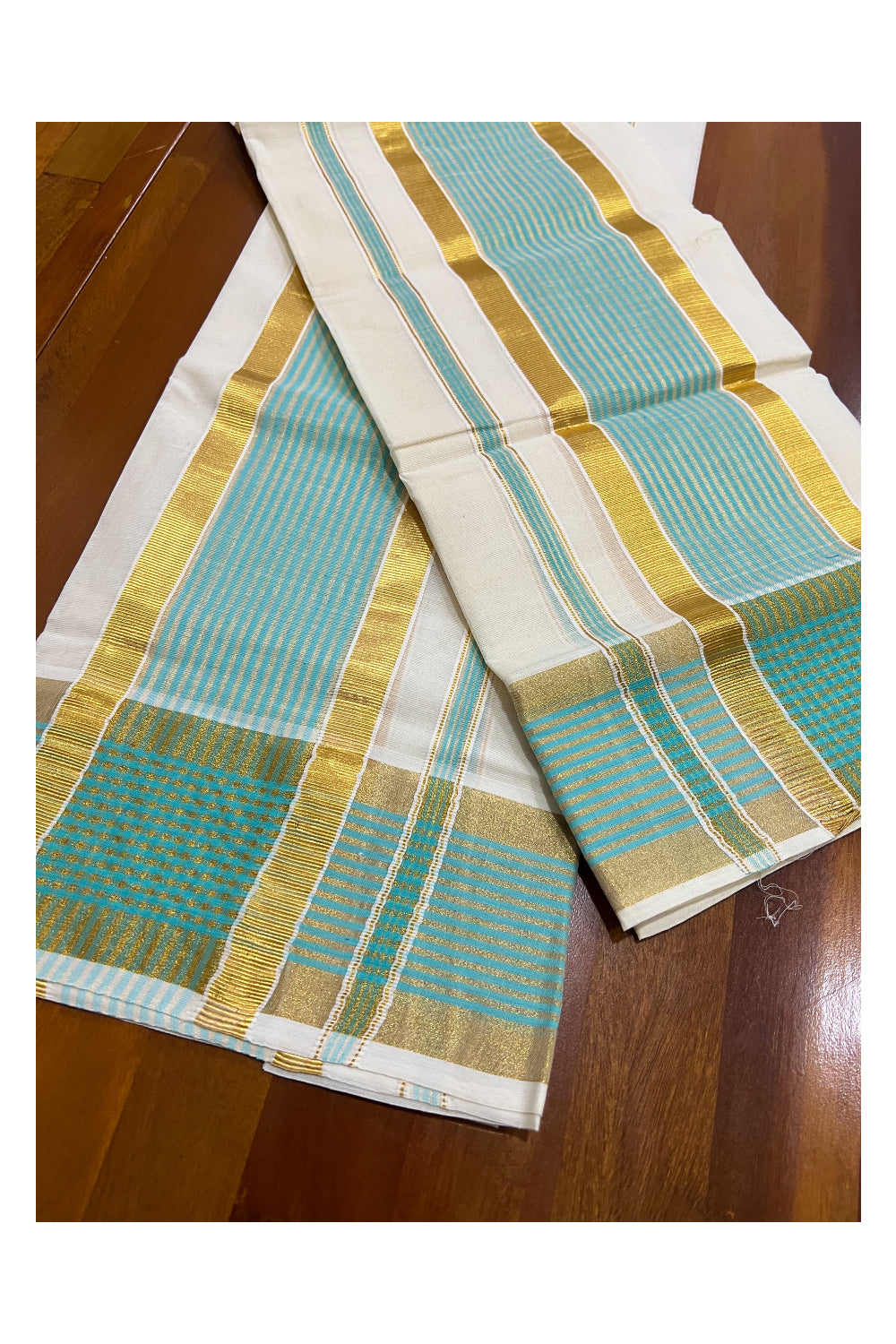 Kerala Cotton Single Set Mundu (Mundum Neriyathum) with Turquoise Lines and Kasavu Border